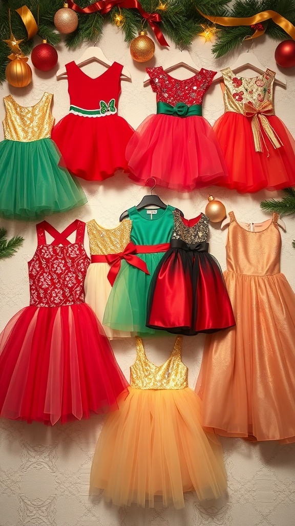 A variety of Christmas dresses for girls in red, green, and gold displayed with holiday decorations.